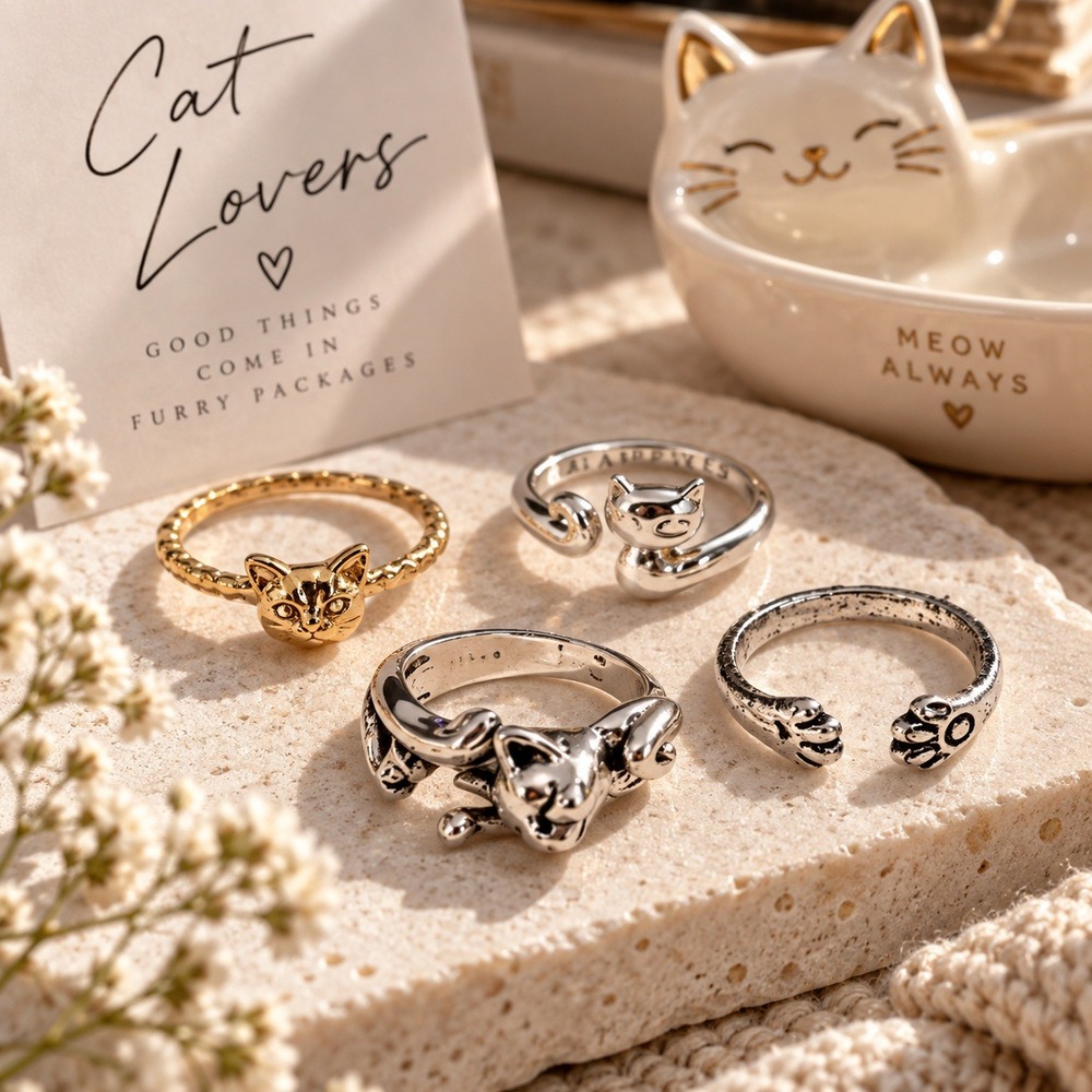 NEW 4 Pc Cat Ring Set Kitty Feline Animal Lover Silver Gold Tone Rings